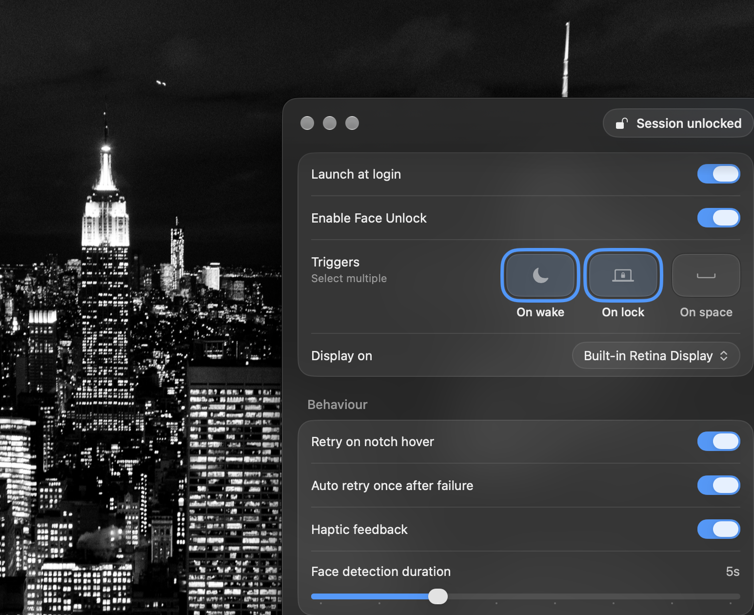 FaceAuth native app settings